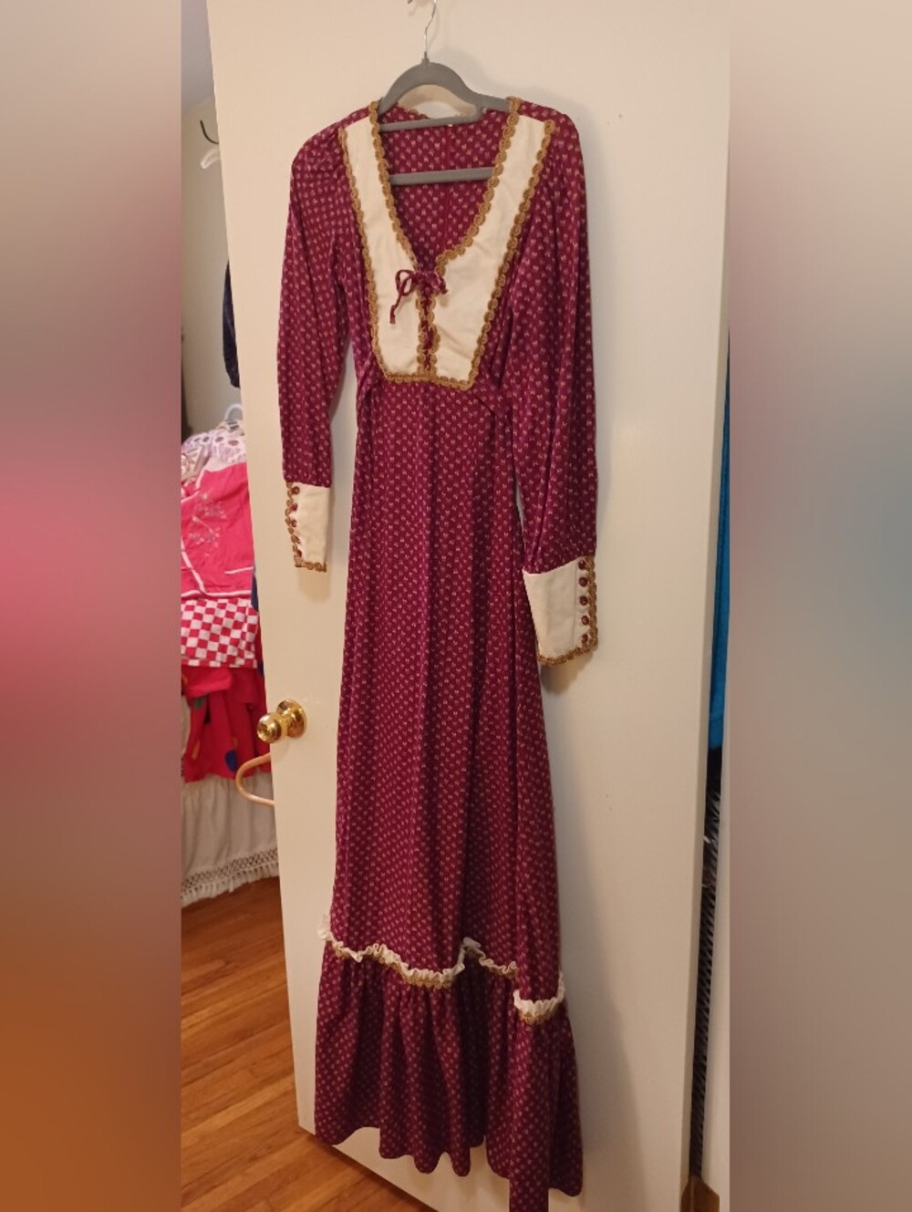 Vintage Candi Jones California Burgundy Calico Prairie Maxi Dress Cream Trim